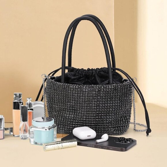 Small Rhinestone Evening Clutch Satin Bag with Chain for Party Prom Wedding - Picture 3 of 9